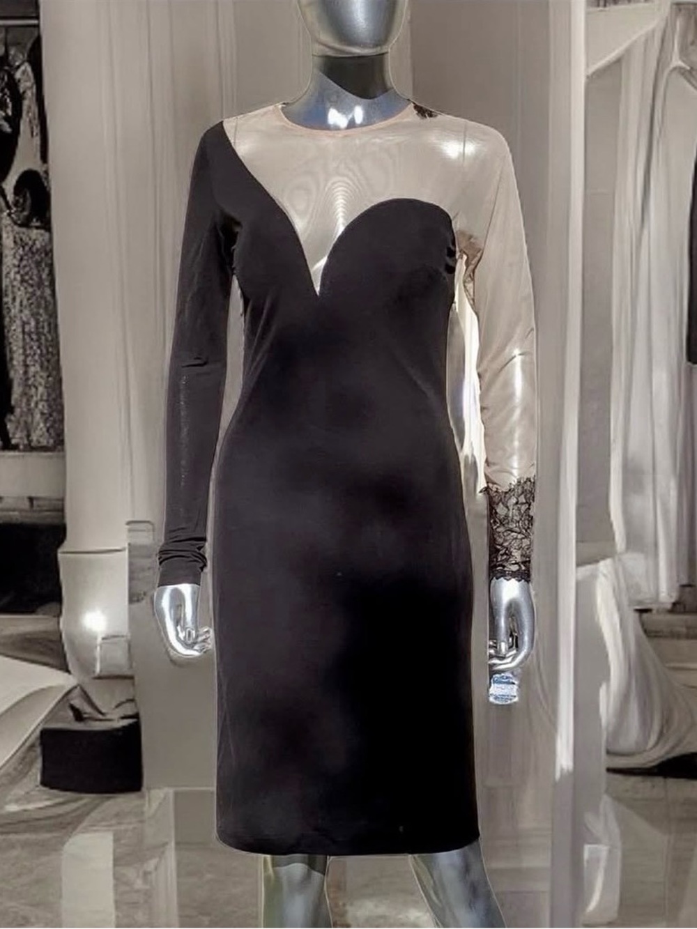 Nicole Bakti Black and Cream Long-Sleeve Sheath Dress
